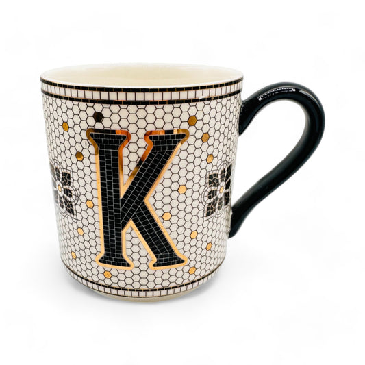 Anthropologie Elegant Monogram Initial K Coffee Mug - Stylish Black & White Bistro Tile Design