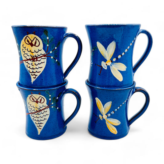 Blue Dragonfly and Owl Hand-Painted Pottery Mugs - Whimsical