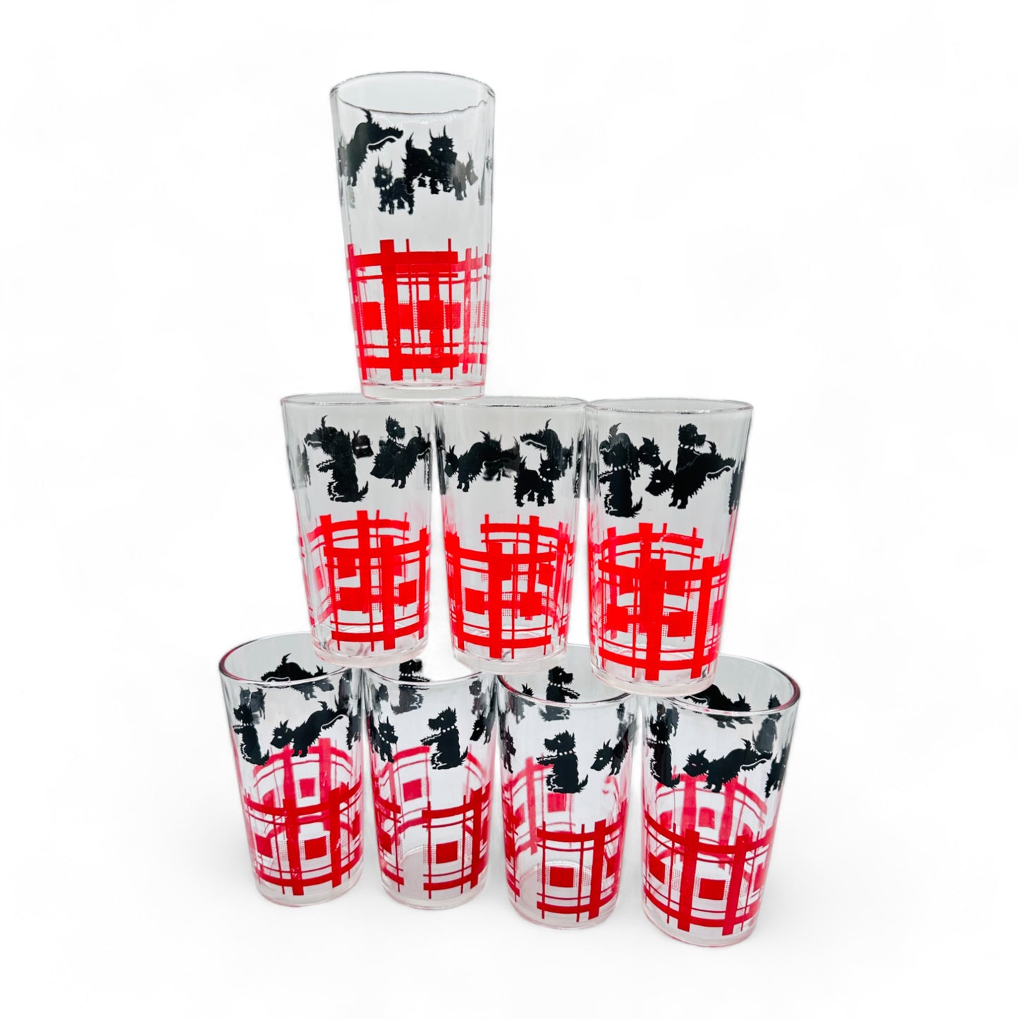 8 Scottie Dog Tartan Tumbler Glass Set - Vintage Anchor Hocking Glassware - Blank & Red