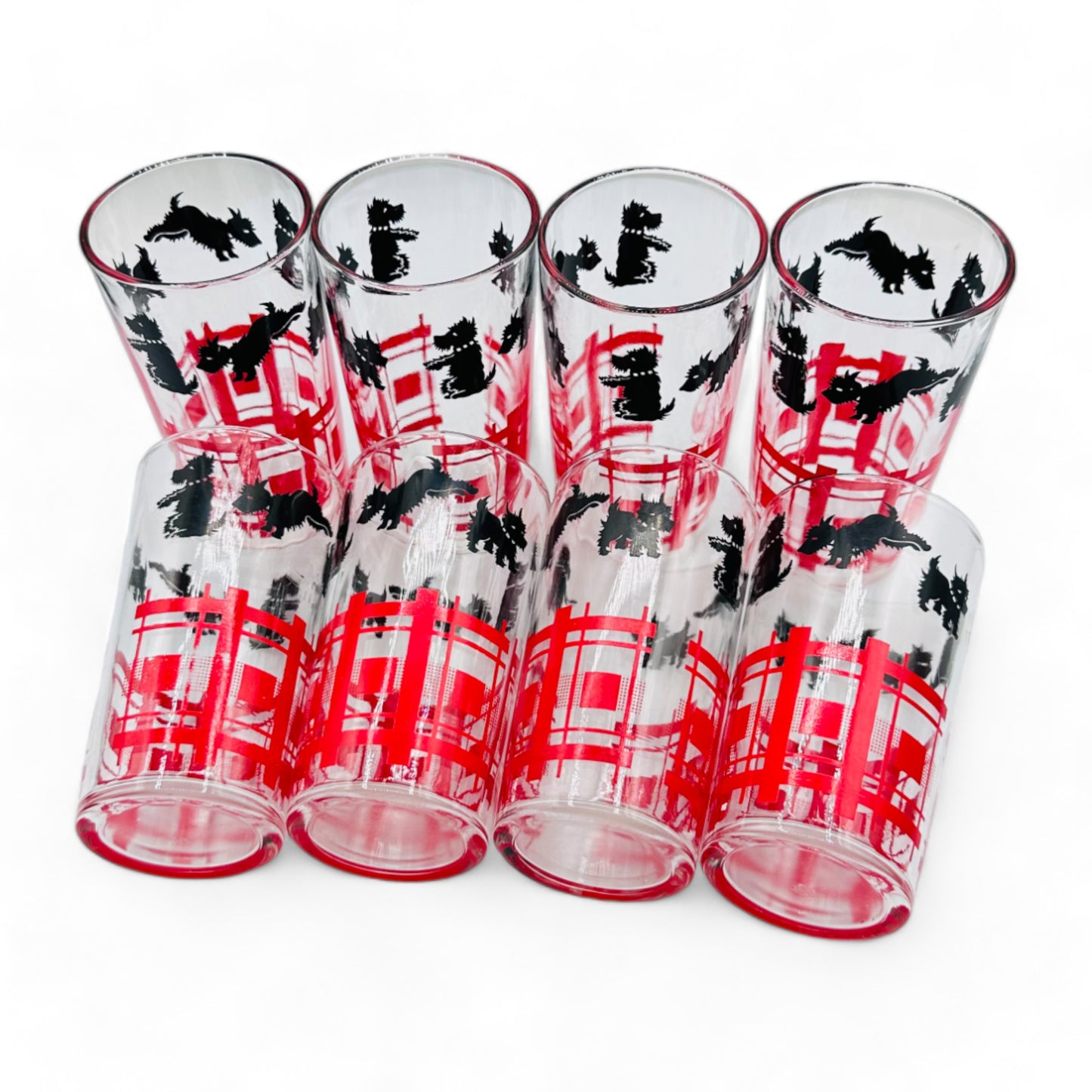 8 Scottie Dog Tartan Tumbler Glass Set - Vintage Anchor Hocking Glassware - Blank & Red