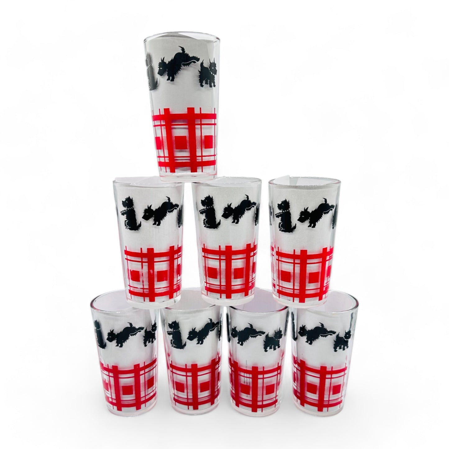 8 Scottie Dog Tartan Tumbler Glass Set - Vintage Anchor Hocking Glassware - Blank & Red