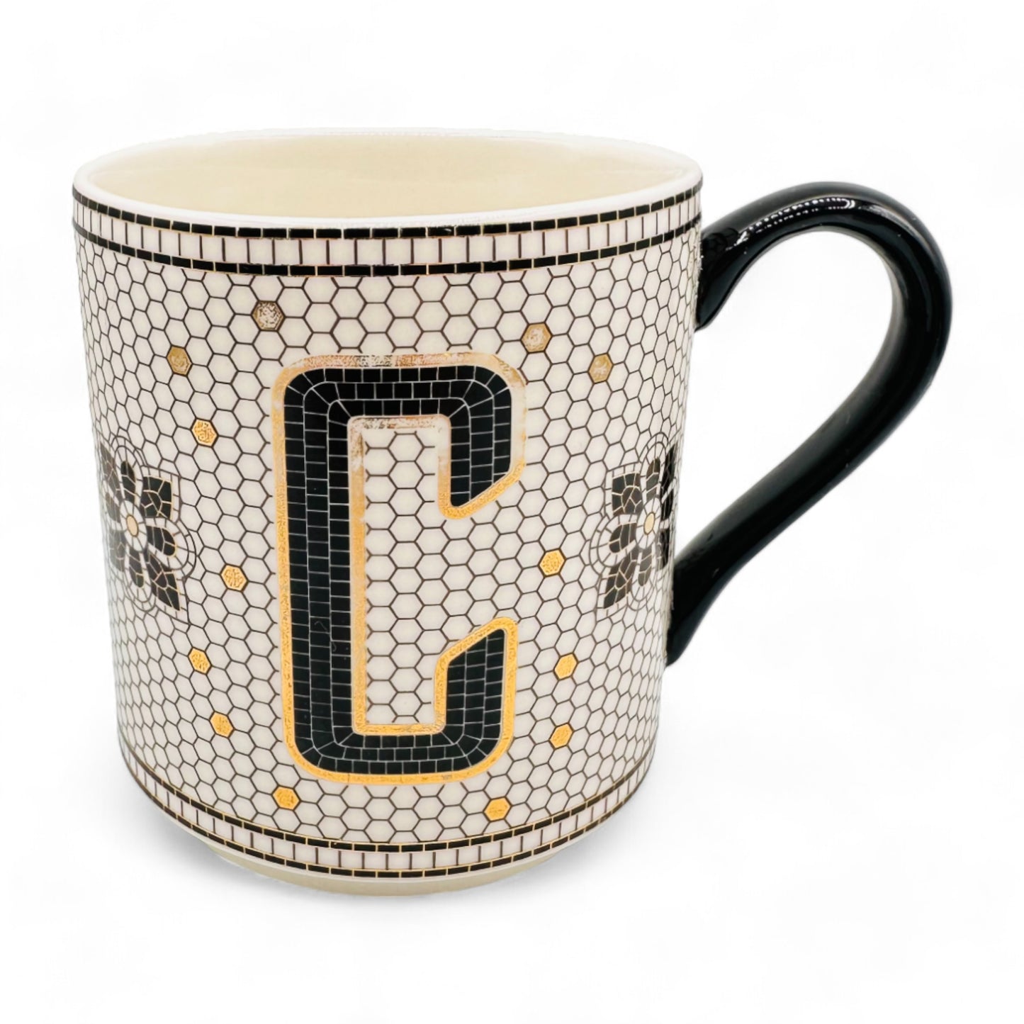 Anthropologie Elegant Monogram Initial C Coffee Mug - Stylish Black & White Bistro Tile Design