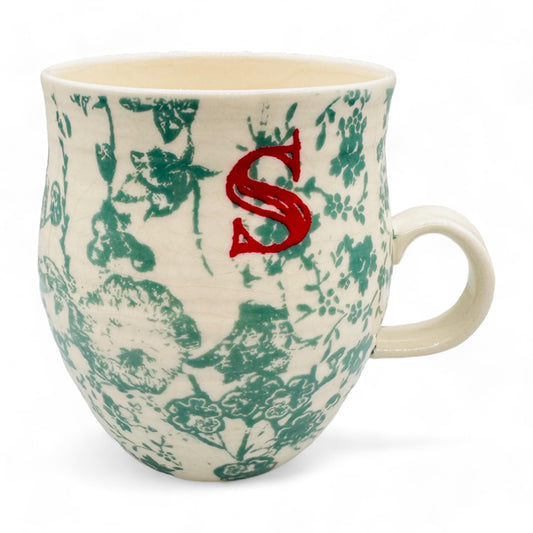 Sophisticated Anthropologie Monogram S Coffee Cup Mug with Green Chinois Design