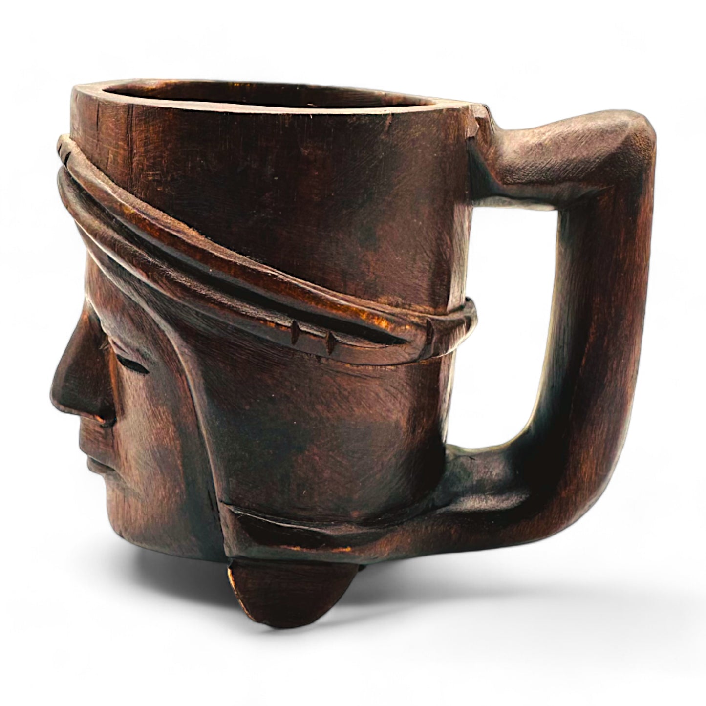 Artisan Vintage Hand-Carved Dark wood Mug Featuring a Woman's Face