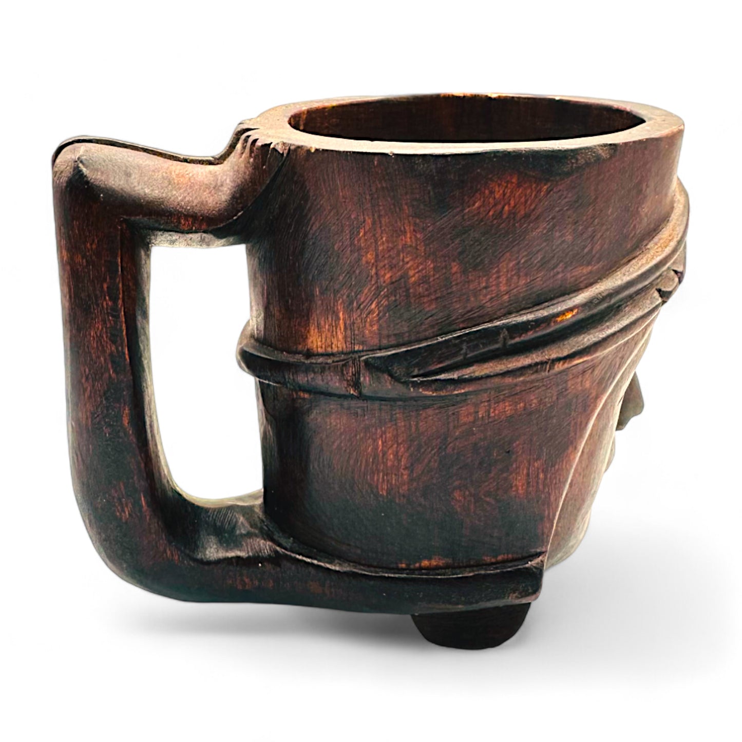 Artisan Vintage Hand-Carved Dark wood Mug Featuring a Woman's Face