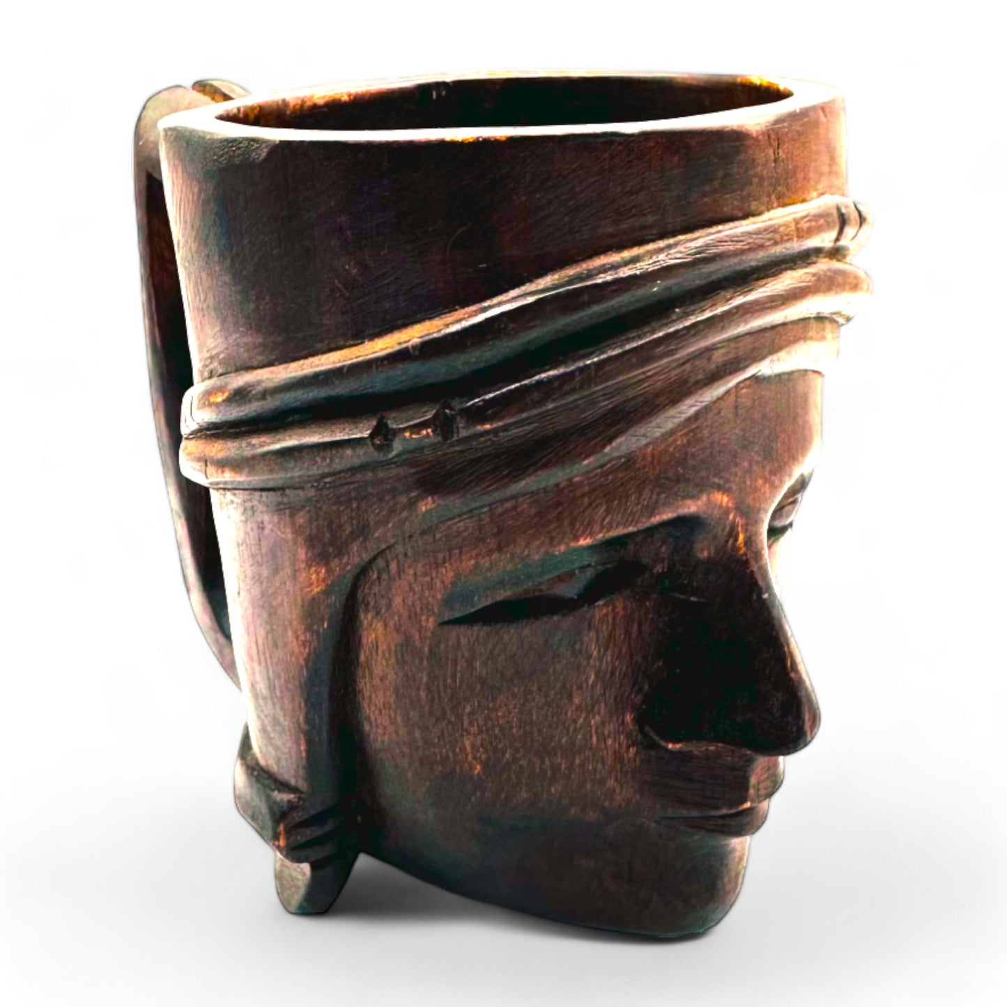 Artisan Vintage Hand-Carved Dark wood Mug Featuring a Woman's Face