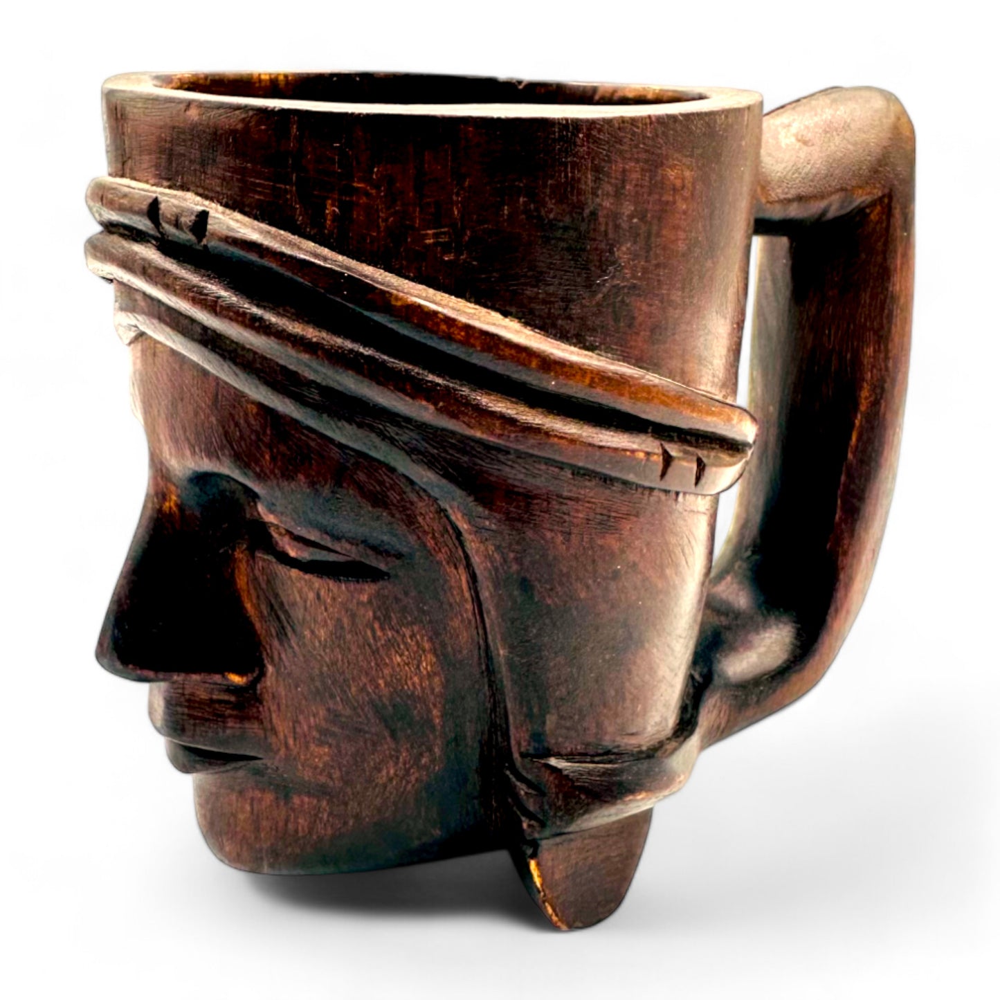 Artisan Vintage Hand-Carved Dark wood Mug Featuring a Woman's Face