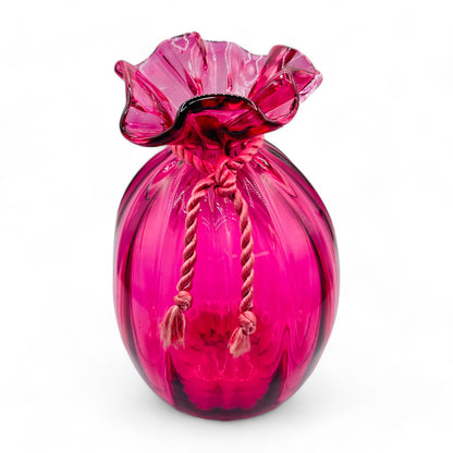 Rare Ribbed Cranberry Glass Sack Vase 8" Pilgrim