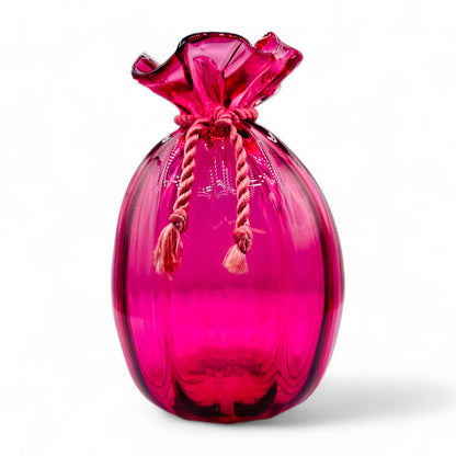 Rare Ribbed Cranberry Glass Sack Vase 8" Pilgrim