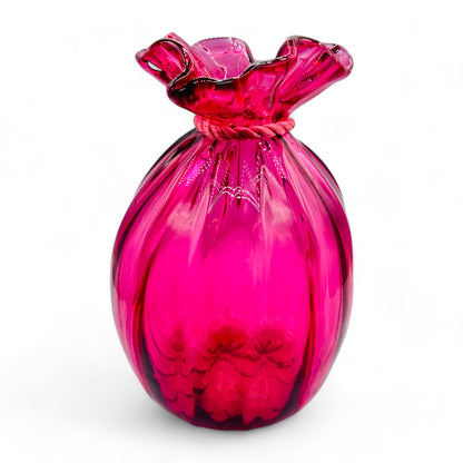 Rare Ribbed Cranberry Glass Sack Vase 8" Pilgrim