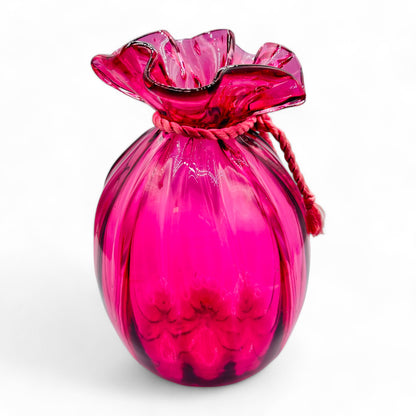 Rare Ribbed Cranberry Glass Sack Vase 8" Pilgrim