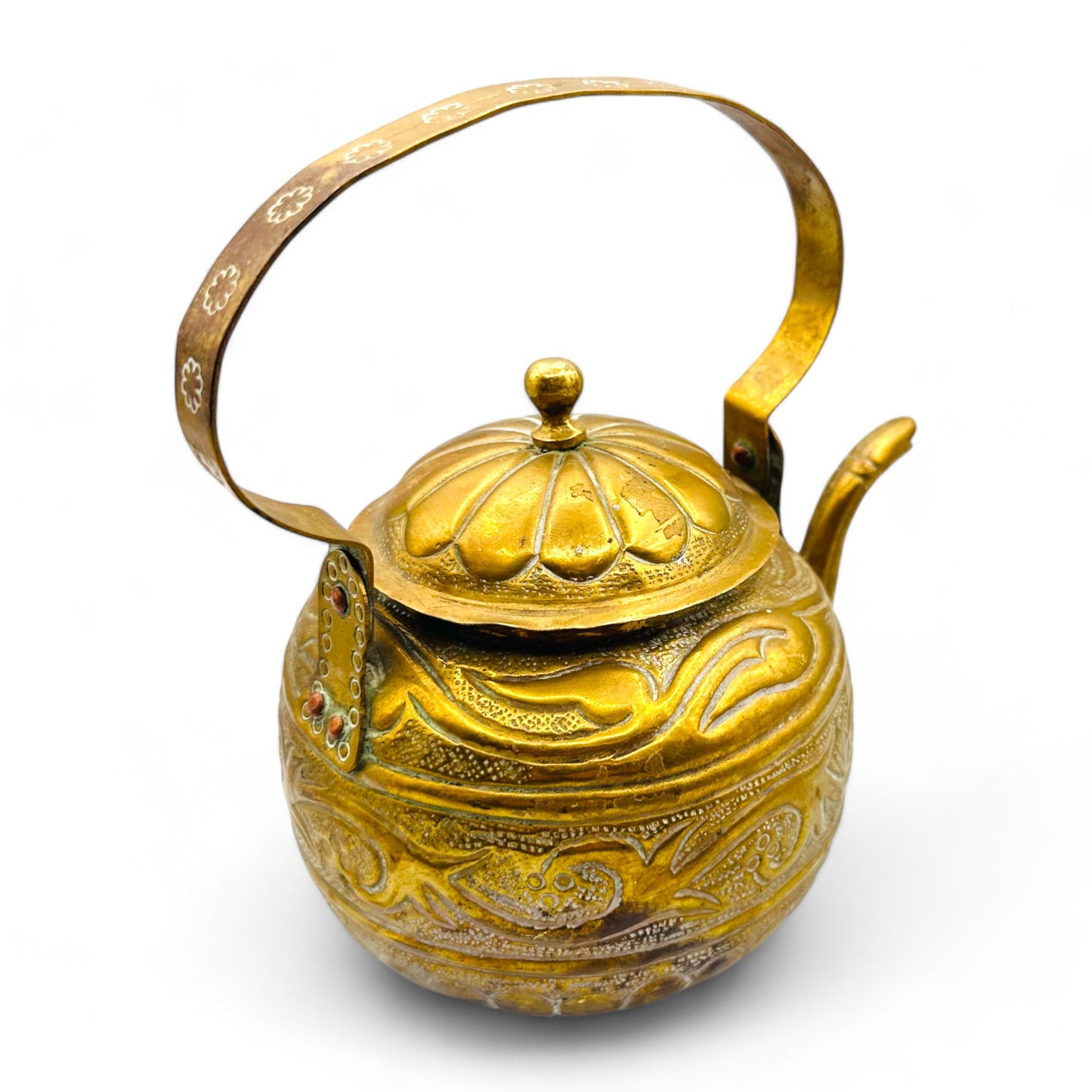 Vintage Asian Brass Teapot with Intricate Floral Design