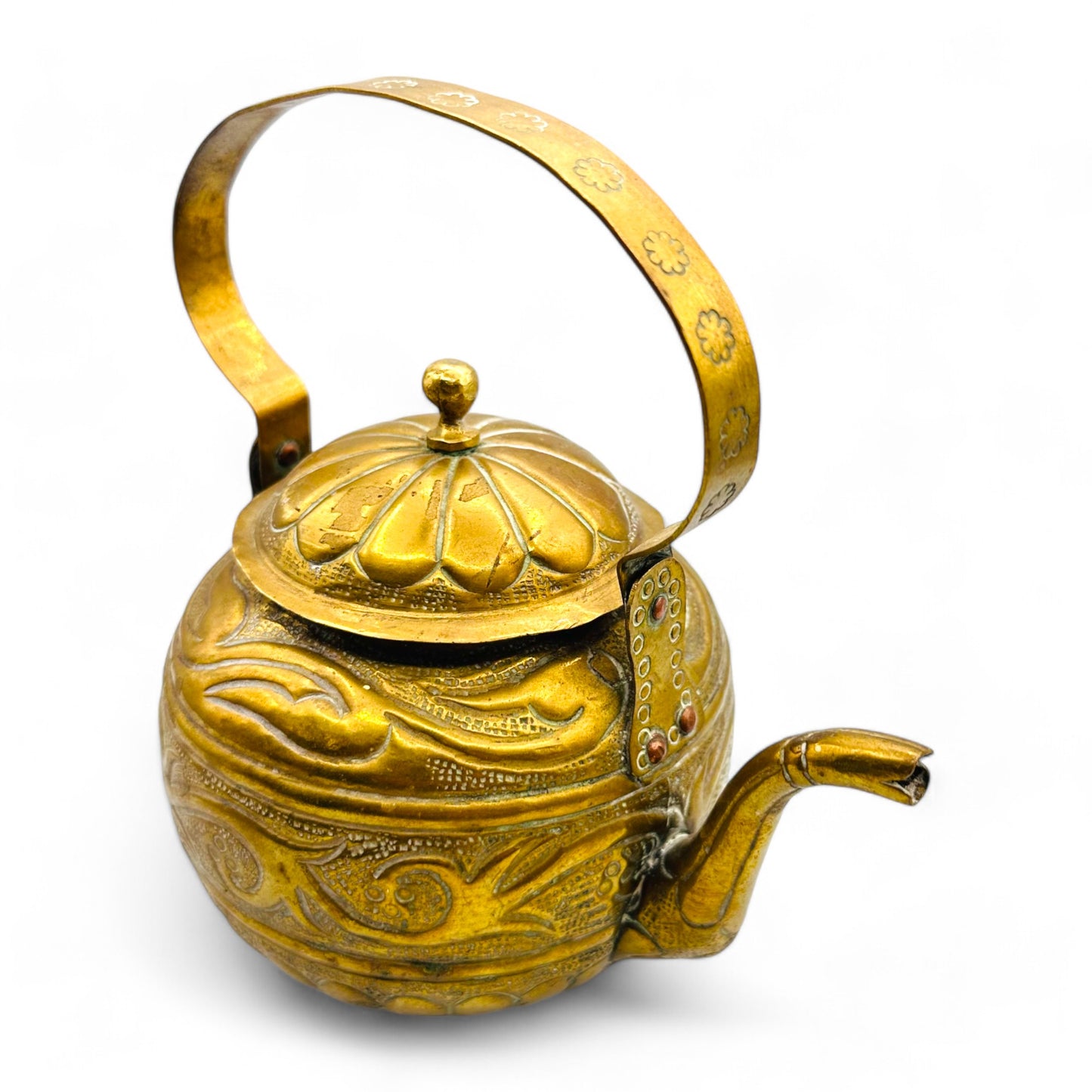 Vintage Asian Brass Teapot with Intricate Floral Design