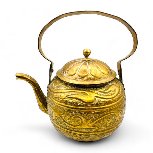 Vintage Asian Brass Teapot with Intricate Floral Design