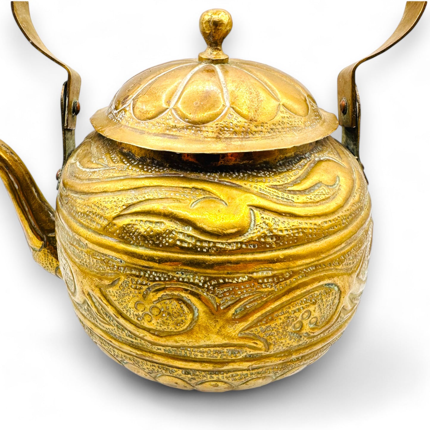 Vintage Asian Brass Teapot with Intricate Floral Design