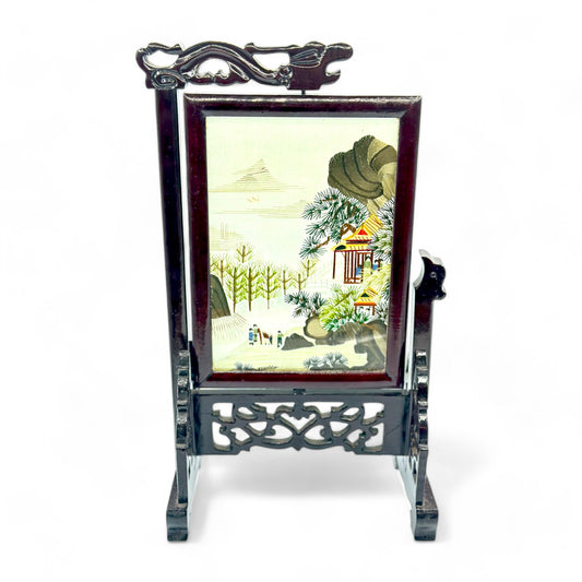 Antique Chinese Silk Art in Cherrywood Frame