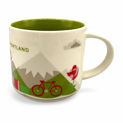 Starbucks Portland “you are here collection” mug featuring mountain, bike, and vibrant colors representing Oregon.