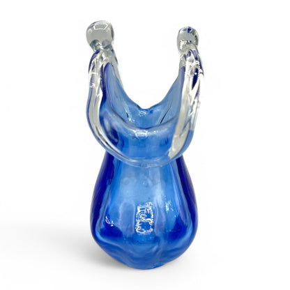 Handmade, blue glass purse, art glass showcasing unique design, 6 inches tall, perfect for decor or gifting.