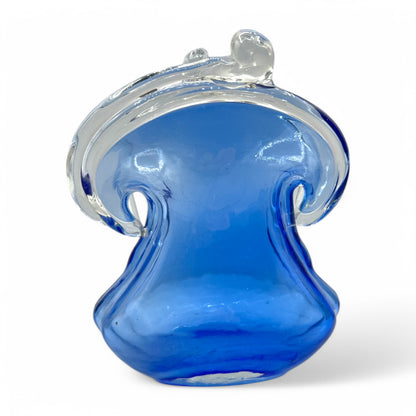 Unique handmade, blue glass purse, art glass, 6x5x3 inches, perfect for decor or gifts at [Your Store Name].