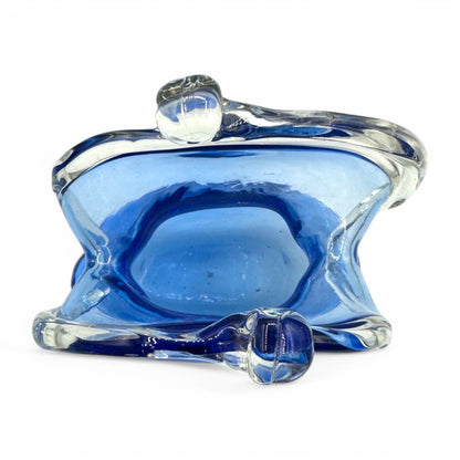Unique handmade, blue glass purse, art glass, 6" tall, 5" wide, perfect for stylish decor or gifts.
