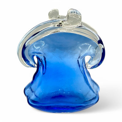 Unique handmade, blue glass purse, art glass, 6" tall and 5" wide, perfect for any decorative collection.