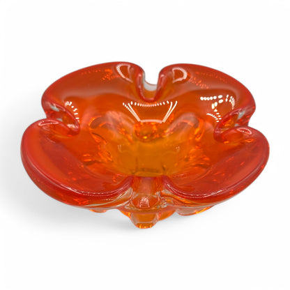 Vintage handmade fluorescent orange bowl, ashtray – a unique mid-century glass art piece, 8 inches wide, 4.98 pounds.