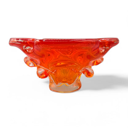 Vintage handmade fluorescent orange bowl, ashtray, unique mid-century modern glass piece, perfect for candy or decor.