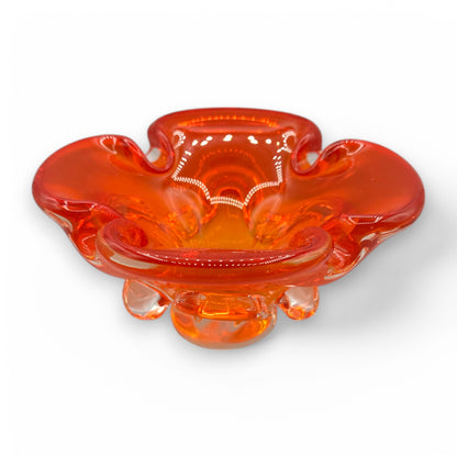 Vintage handmade fluorescent orange bowl, ashtray features a unique four-lobe design, perfect for any modern decor.