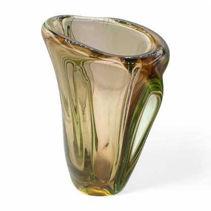 Vintage 1960s Czech Bohemian Art Glass Vase handmade by Jaroslav Beranek Skrdlovice Studio, showcasing unique green and copper hues.