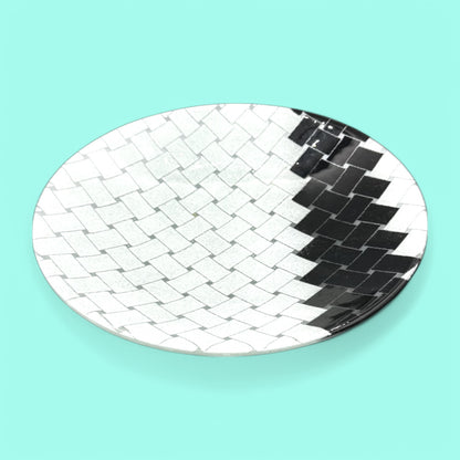 Maori Boy Fused Glass Bowl With Black And White Weave Pattern 13" Diameter