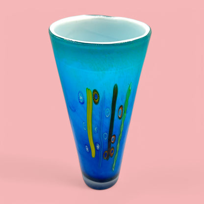 Murano Blue Glass Tall Vase With Millefiori Design Art Glass