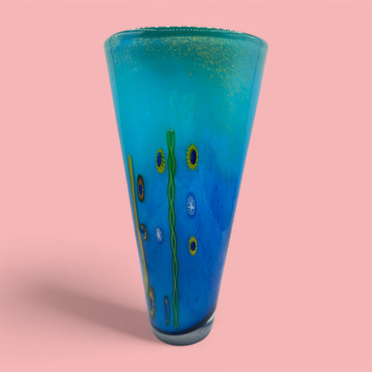 Murano Blue Glass Tall Vase With Millefiori Design Art Glass