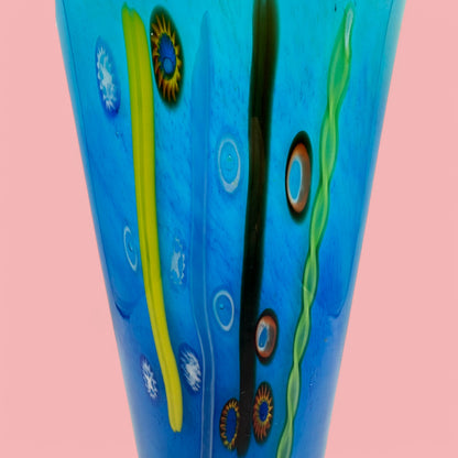 Murano Blue Glass Tall Vase With Millefiori Design Art Glass