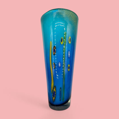 Murano Blue Glass Tall Vase With Millefiori Design Art Glass