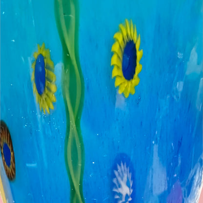 Murano Blue Glass Tall Vase With Millefiori Design Art Glass