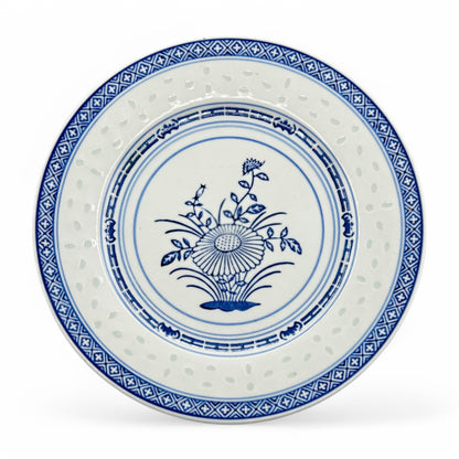 Chinese Blue and White Traditional Dinner Plate 9 Inches Rice / Flower Design 1970's