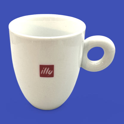 Sleek ILLY coffee mug in classic porcelain with red logo and round handle, perfect for enjoying Italian coffee.