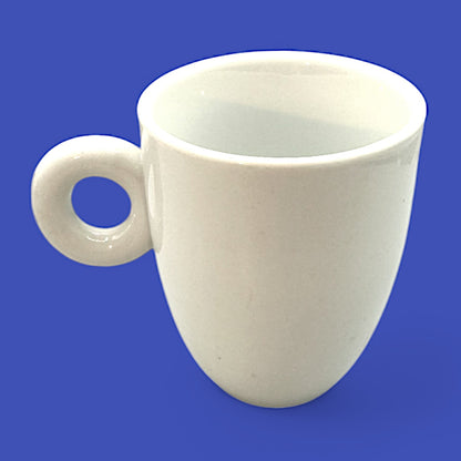 Sleek ILLY coffee mug in pure white porcelain features a round handle and iconic red-on-white logo. Perfect for coffee lovers.