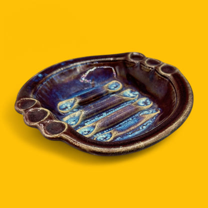 Handmade mid-century modern soap dish or ashtray in unique ceramic, featuring vibrant colors and a stylish design.
