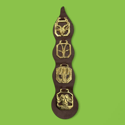 Brass horse decorations on leather strap showcasing African animals like elephants and antelopes. Horse, brass, African animals.