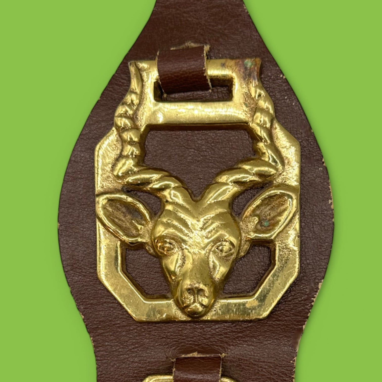 Brass horse adornment on leather strap featuring African animals like antelope and elephant, perfect for decor.