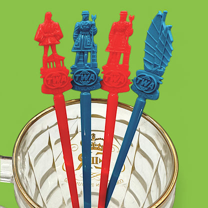 Vintage TWA Trans World Airlines, swizzlesticks, three pieces of red and blue collectibles from iconic destinations.