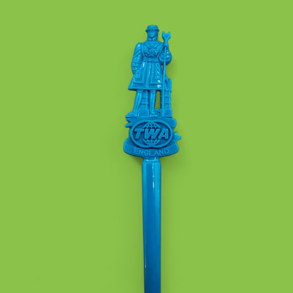 Vintage TWA Trans World Airlines, swizzlesticks, three pieces of collectible aviation memorabilia in vibrant blue.