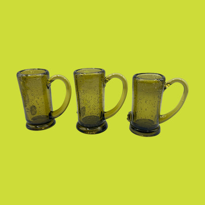 Vintage Green Aperitif Glasses - Set of 3, Handblown with Bubbles