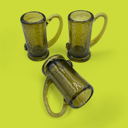Vintage Green Aperitif Glasses - Set of 3, Handblown with Bubbles