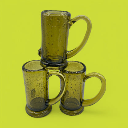 Vintage Green Aperitif Glasses - Set of 3, Handblown with Bubbles