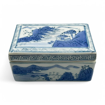 Blue and white Chinese ceramic trinket box / ink box featuring traditional landscape designs, perfect for collectors.