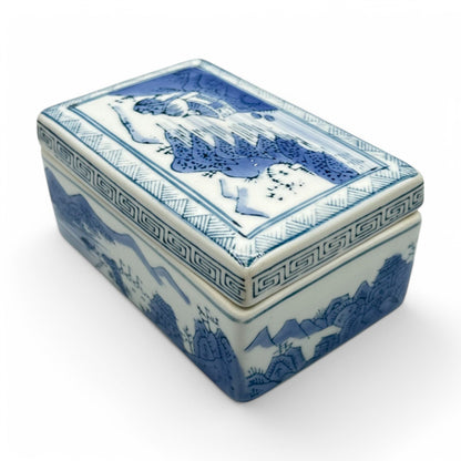 Blue and white Chinese ceramic trinket box / ink box featuring traditional landscape imagery from the 1920s-1950s.