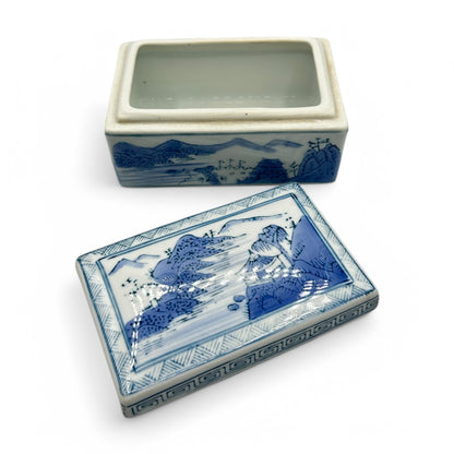 Elegant blue and white Chinese ceramic trinket box / ink box showcasing traditional landscape imagery from 1920-1950.