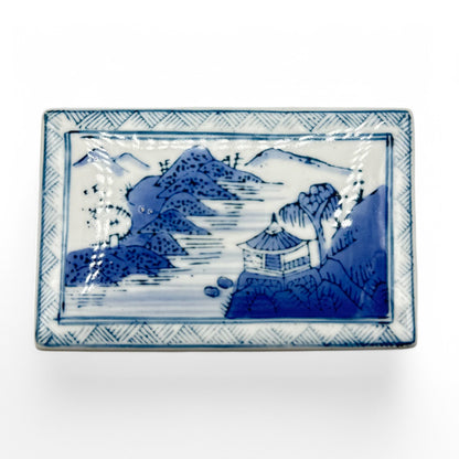 Elegant blue and white Chinese ceramic trinket box / ink box showcasing traditional landscape imagery from 1920-1950.